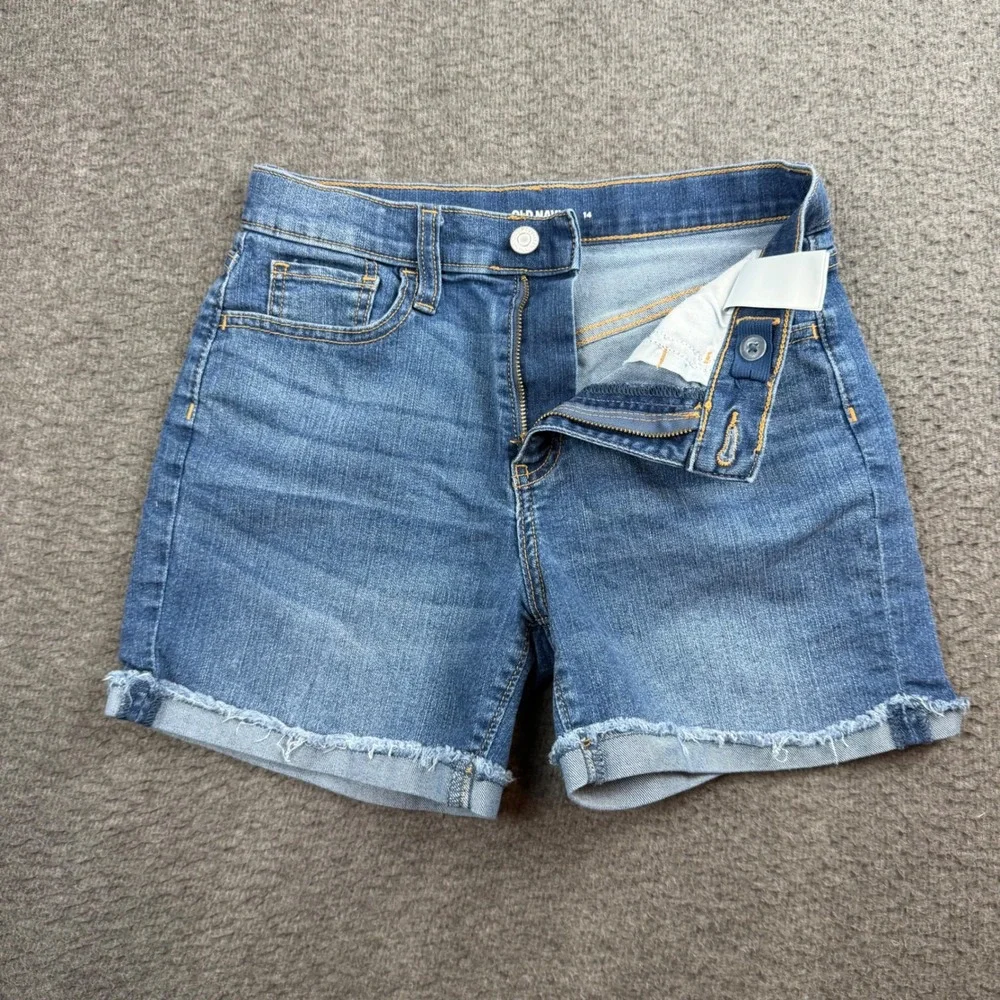 Old Navy Denim Shorts Girls Size 14 Blue Frayed Raw Hem Adjustable Waist
